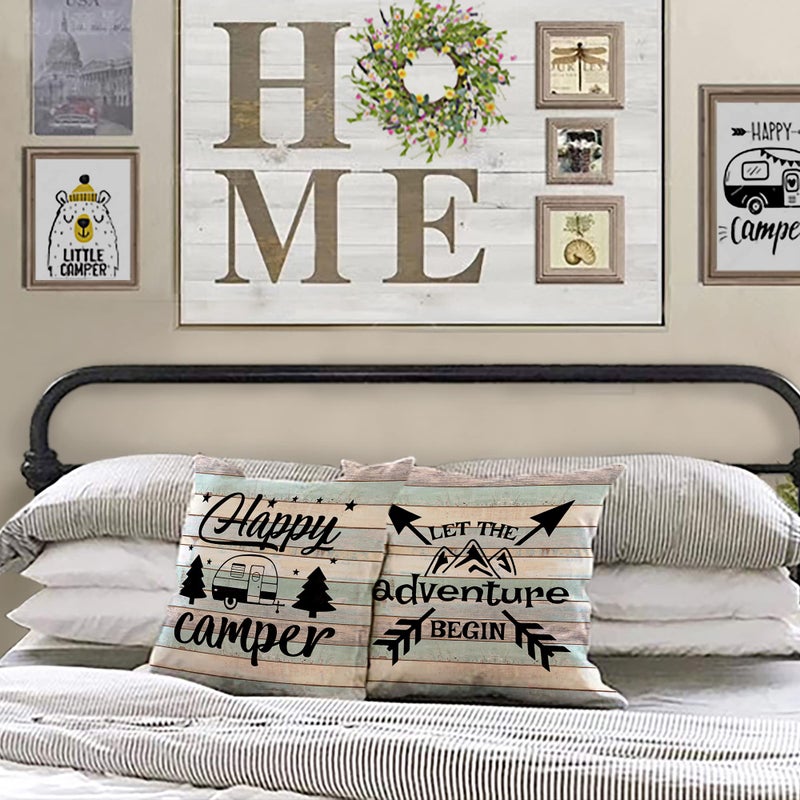 Faromily Happy Camper Pillow Covers Vintage Rustic Wood Background Inspirational Quotes Home Outdoor Decorative Throw Pillow Case Cushion Cover Set of 4 18" x 18" - Image 2